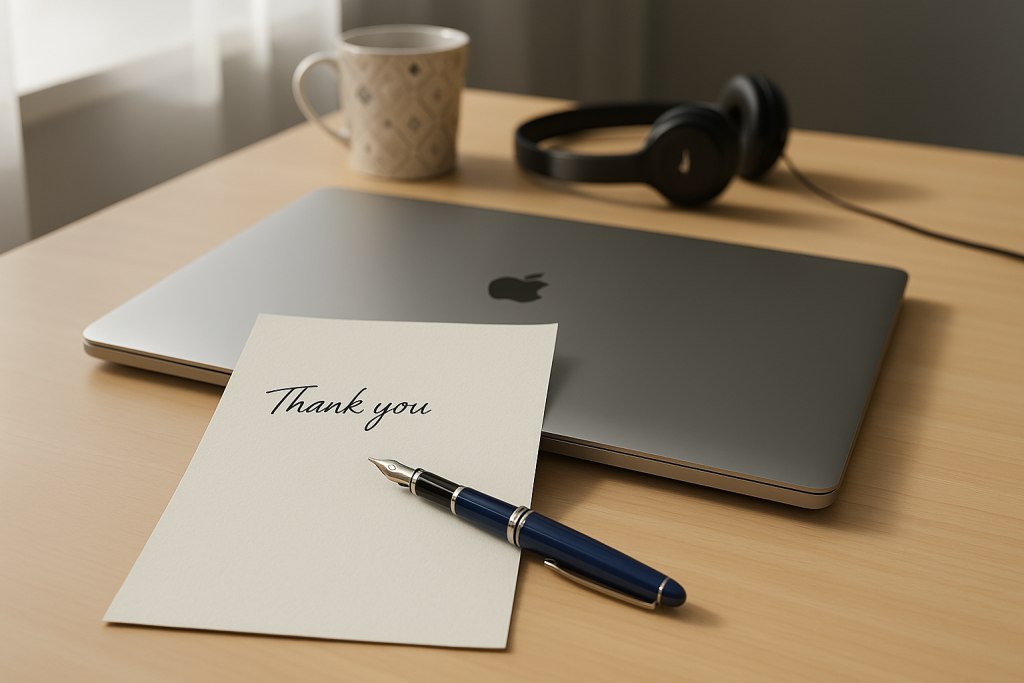 usiness desk with thank you note, laptop, and coffee cup — representing kindness and gratitude at work.