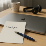 usiness desk with thank you note, laptop, and coffee cup — representing kindness and gratitude at work.