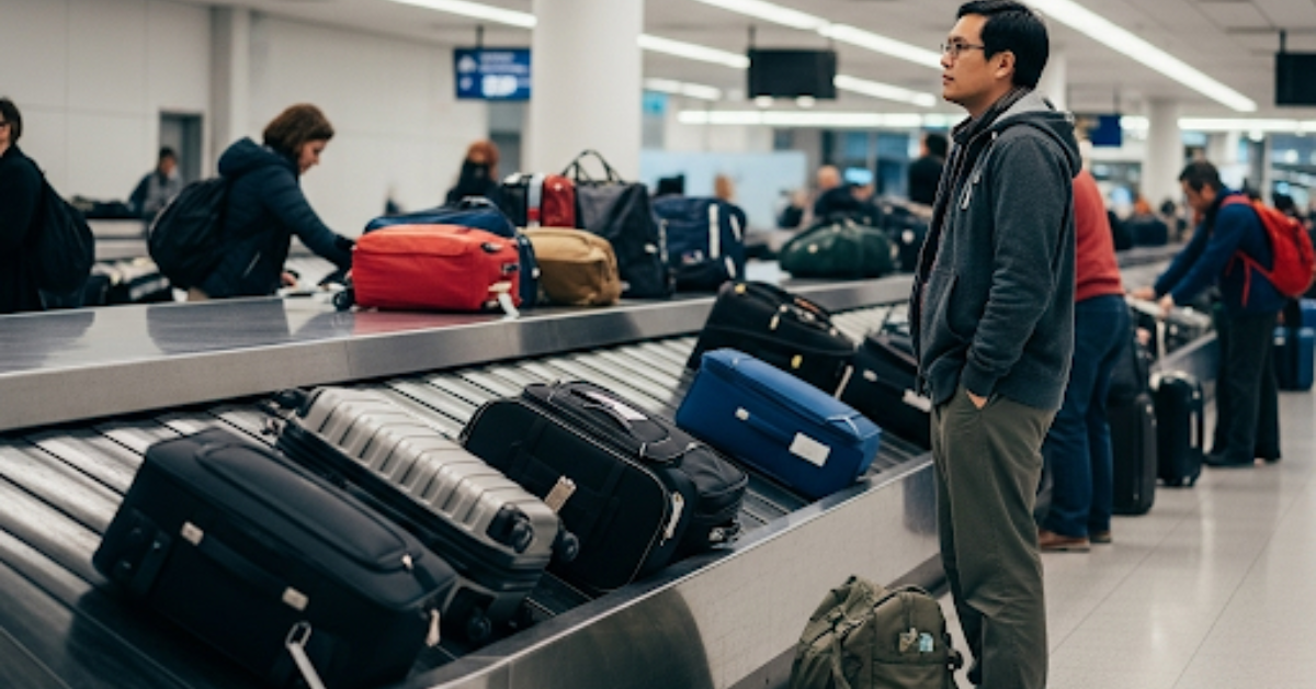retrieving checked luggage at baggage claim