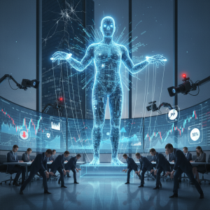 ai ceos depicted as a code-made leader pulling strings over human executives, privileging metrics and investor optics over judgment