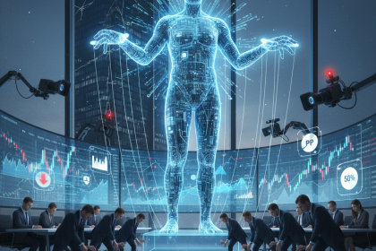 ai ceos depicted as a code-made leader pulling strings over human executives, privileging metrics and investor optics over judgment