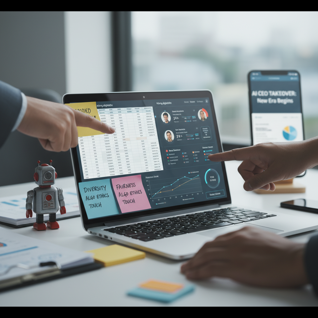 Office desk with laptop showing hiring algorithm dashboard and spreadsheet, toy robot sidelined and phone with sensational AI takeover headline — illustrating mundane AI risks like biased hiring