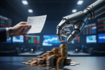 Robotic arm stacking coins as a human hand holds a paycheck