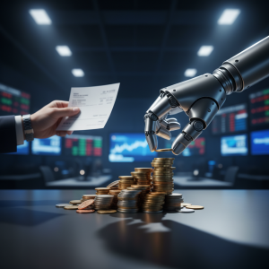 Robotic arm stacking coins as a human hand holds a paycheck