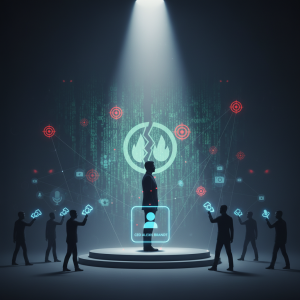Editorial illustration of anthropic ceo hacked: lone CEO in a glaring spotlight surrounded by visible targets and puppet strings while other leaders distribute keys to decentralize access