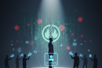 Editorial illustration of anthropic ceo hacked: lone CEO in a glaring spotlight surrounded by visible targets and puppet strings while other leaders distribute keys to decentralize access