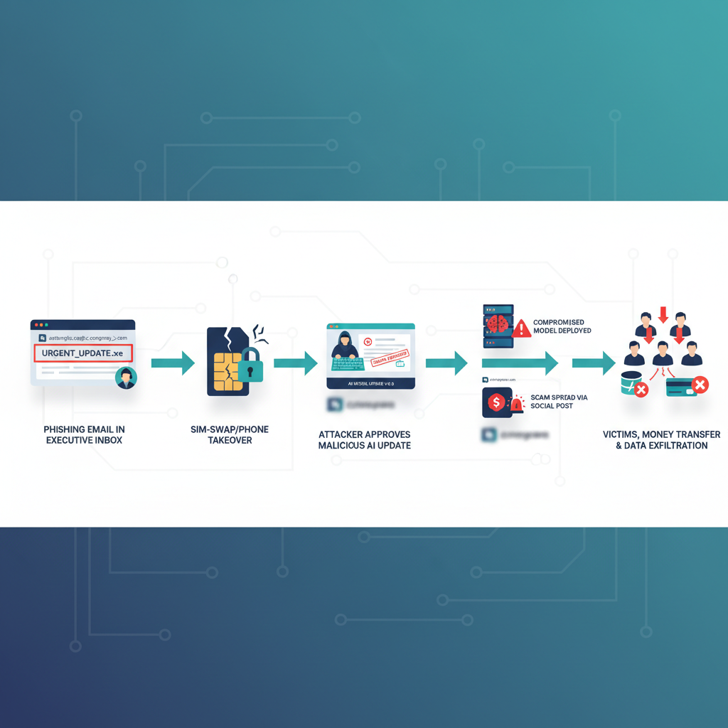 Infographic of the 'anthropic ceo hacked' attack chain: phishing email → SIM swap takeover → compromised CEO approves malicious model update → deployment and scam/data theft.