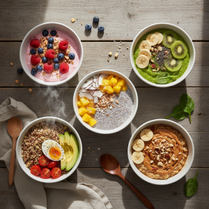Five healthy breakfast bowls with yogurt, chia pudding, smoothie, quinoa, and oatmeal topped with fresh fruit, nuts, and vegetables.
