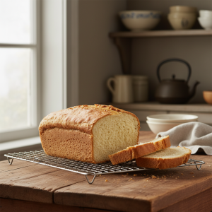 Golden buttermilk loaf with a moist, fine crumb on a cooling rack