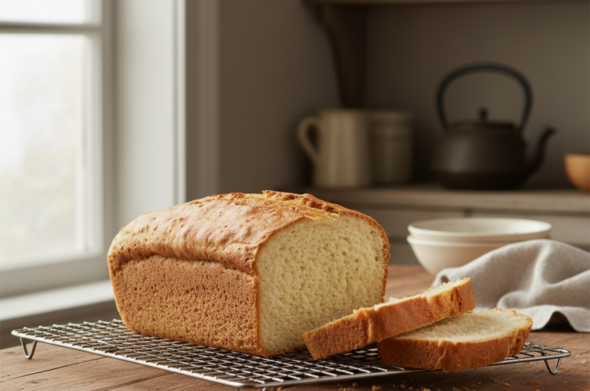 Golden buttermilk loaf with a moist, fine crumb on a cooling rack