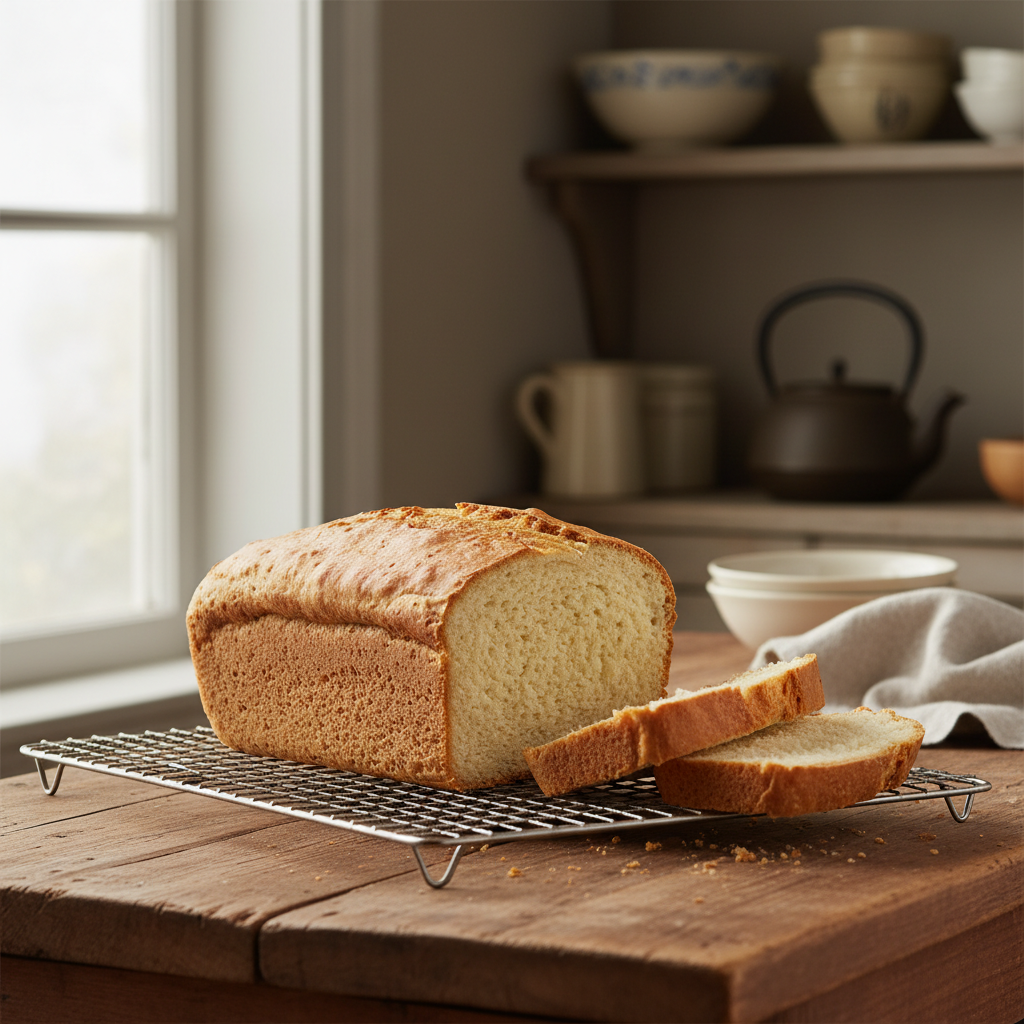 Golden buttermilk loaf with a moist, fine crumb on a cooling rack