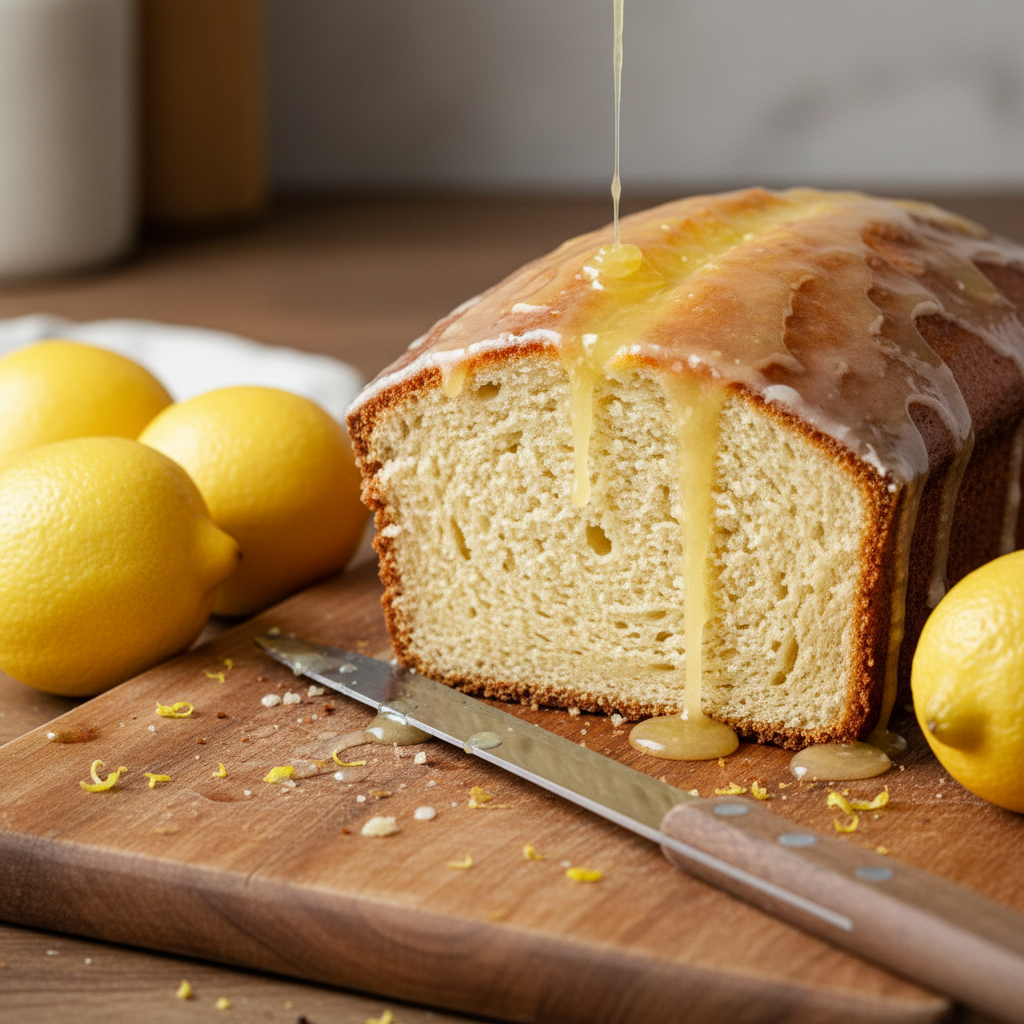 Sliced buttermilk loaf with lemon glaze showing tender crumb