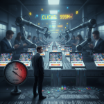 chatgpt ads: factory conveyor producing identical ad screens with robotic hands stamping generic creatives, a cracked Trust gauge falling into red and consumers scrolling past — illustrating how chatgpt ads commoditize messaging and erode brand trust