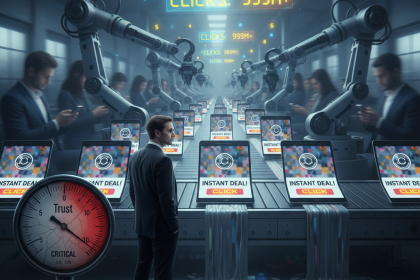 chatgpt ads: factory conveyor producing identical ad screens with robotic hands stamping generic creatives, a cracked Trust gauge falling into red and consumers scrolling past — illustrating how chatgpt ads commoditize messaging and erode brand trust