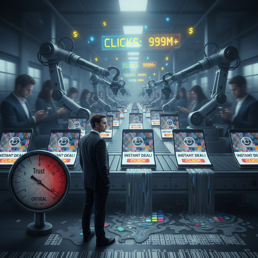 chatgpt ads: factory conveyor producing identical ad screens with robotic hands stamping generic creatives, a cracked Trust gauge falling into red and consumers scrolling past — illustrating how chatgpt ads commoditize messaging and erode brand trust