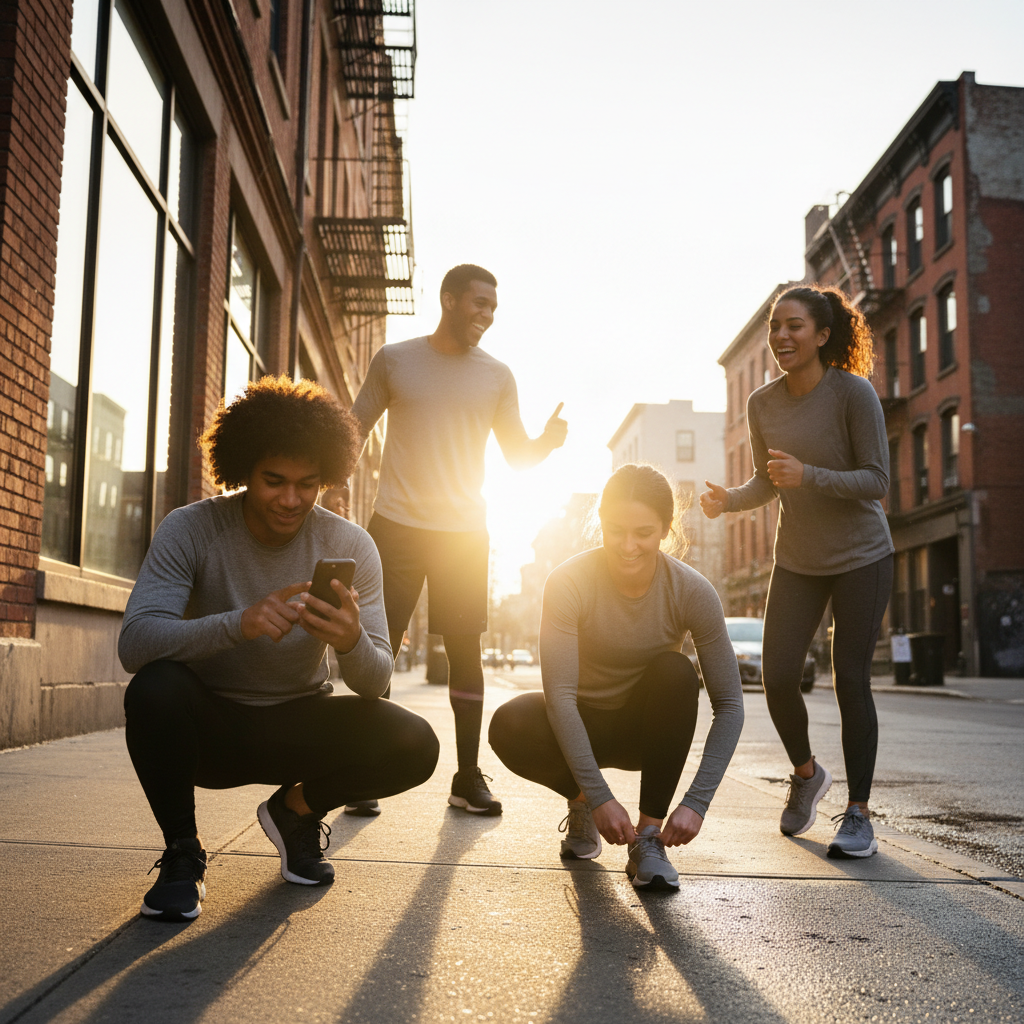 Group of friends getting ready for a morning run, checking phones and tying shoes as part of the 'Check your pals then run ritual' wellness trend