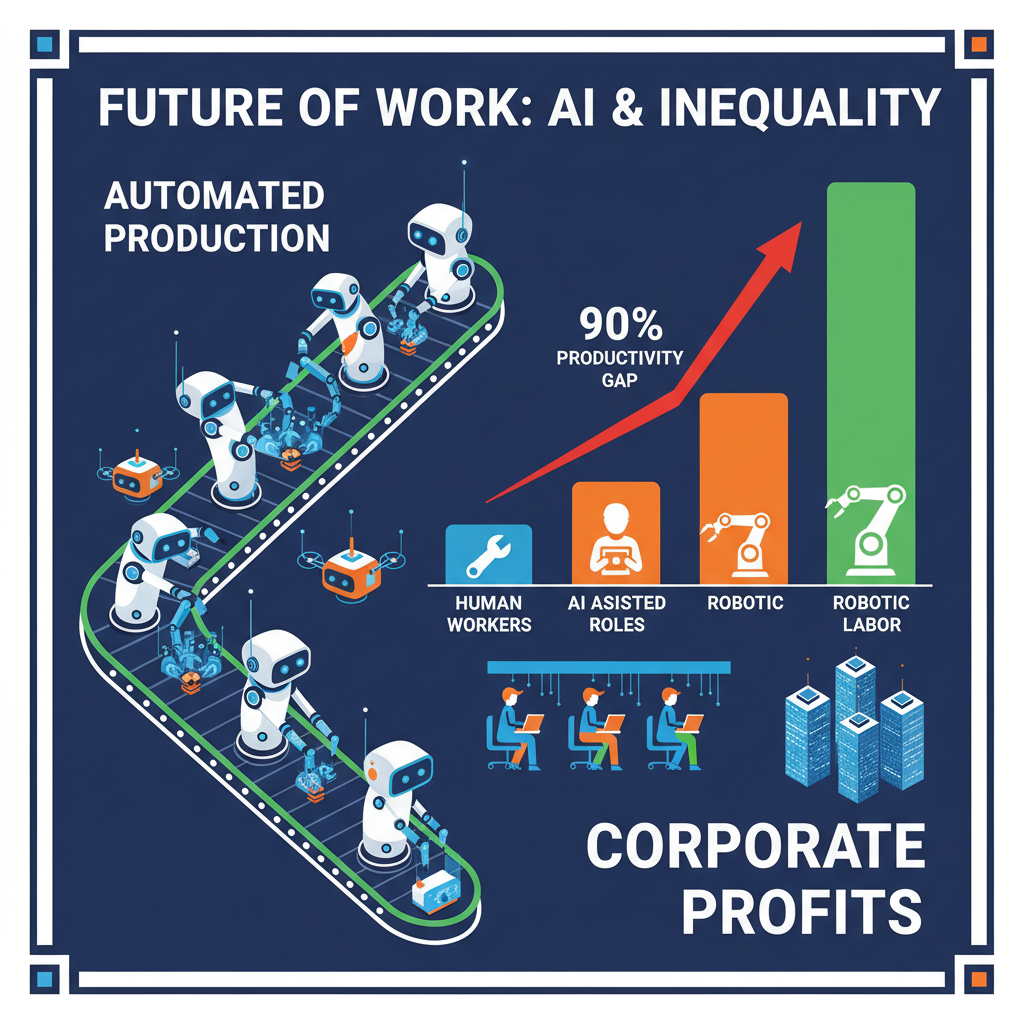 Infographic of AI automation, inequality bars, and workers collaborating with machines.