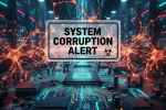 Stylized warning sign over AI circuitry and neural network visuals