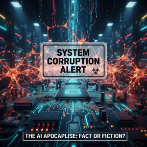 Stylized warning sign over AI circuitry and neural network visuals