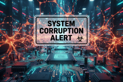 Stylized warning sign over AI circuitry and neural network visuals