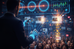Editorial digital illustration of a shadowy tech CEO steering a filtered stream of posts with algorithms, trending meters, and coins to illustrate elon musk grok censorship as a strategy of manipulating attention and shaping public opinion.