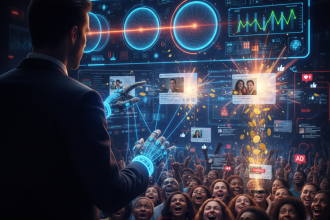 Editorial digital illustration of a shadowy tech CEO steering a filtered stream of posts with algorithms, trending meters, and coins to illustrate elon musk grok censorship as a strategy of manipulating attention and shaping public opinion.