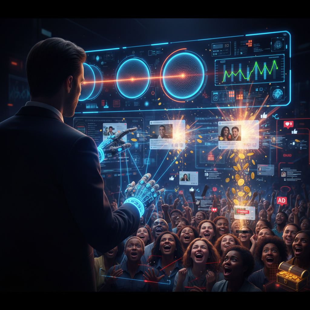 Editorial digital illustration of a shadowy tech CEO steering a filtered stream of posts with algorithms, trending meters, and coins to illustrate elon musk grok censorship as a strategy of manipulating attention and shaping public opinion.