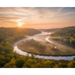 Sunrise over the Kickapoo River meanders and floodplain wetlands.