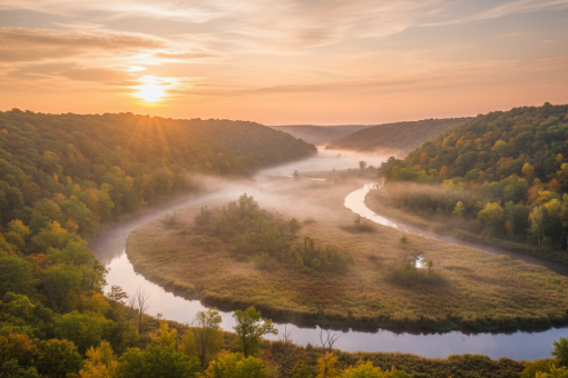 Sunrise over the Kickapoo River meanders and floodplain wetlands.