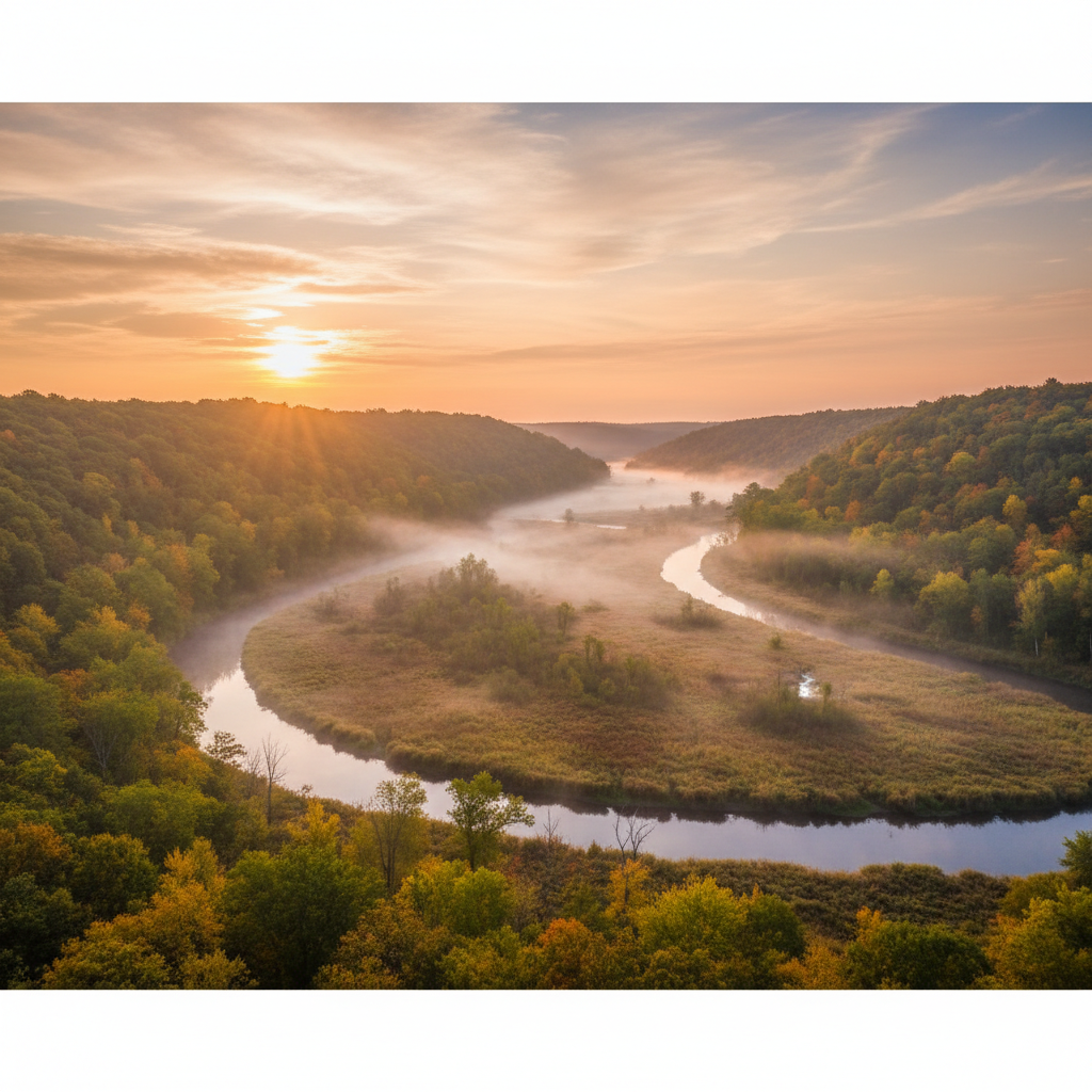 Sunrise over the Kickapoo River meanders and floodplain wetlands.