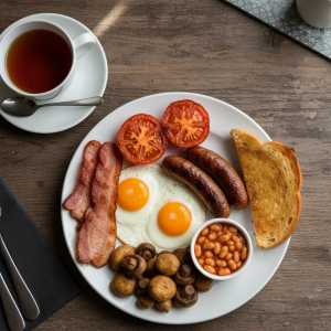 A plated Full English breakfast with eggs, bacon, sausages, tomatoes, mushrooms, beans, and fried bread.