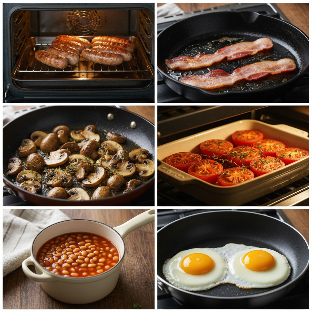 Cooking steps for a Full English breakfast shown in process shots.