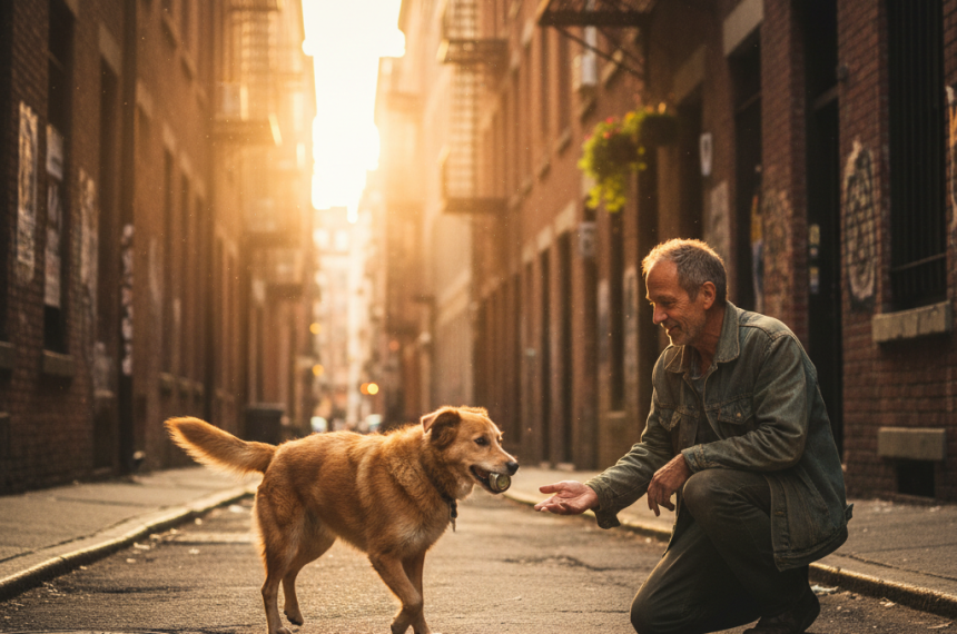 A stray dog brings a tiny gift to the man who feeds her at dusk.