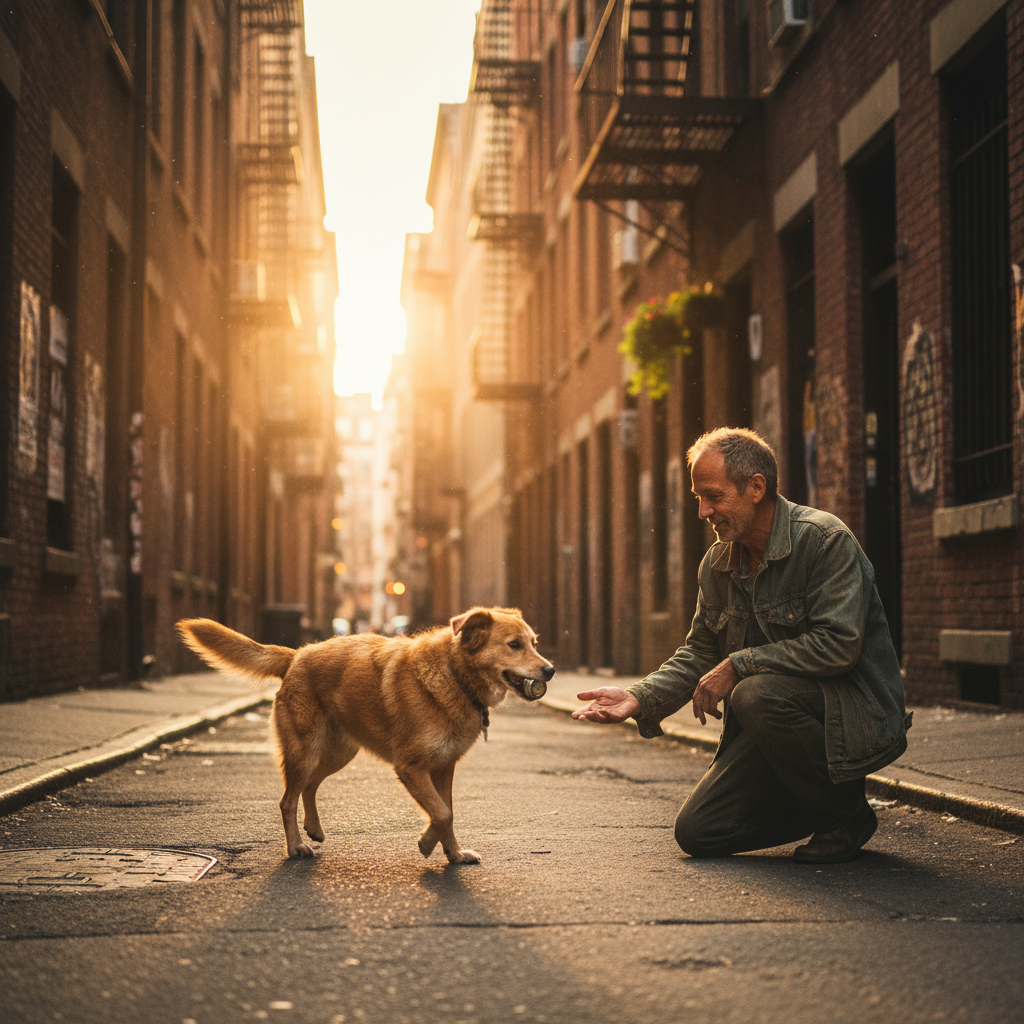 A stray dog brings a tiny gift to the man who feeds her at dusk.