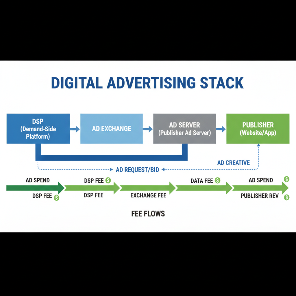 Infographic of the ad tech stack and fee flows from advertiser to publisher