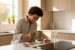 Smiling young man preparing a healthy snack bowl with yogurt, berries, and nuts in a bright modern kitchen.