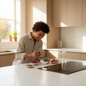 Smiling young man preparing a healthy snack bowl with yogurt, berries, and nuts in a bright modern kitchen.