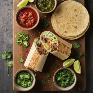 A colorful spread of homemade burrito ingredients ready for assembly