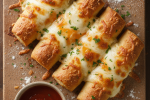 Golden garlic cheese fingers on a baking stone with marinara dip.