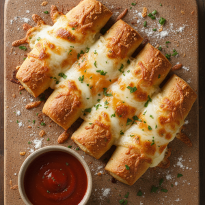 Golden garlic cheese fingers on a baking stone with marinara dip.