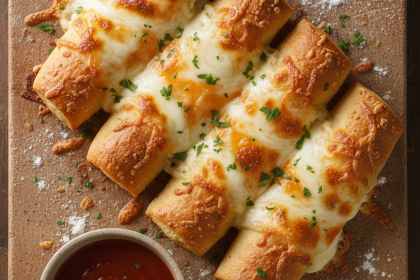 Golden garlic cheese fingers on a baking stone with marinara dip.