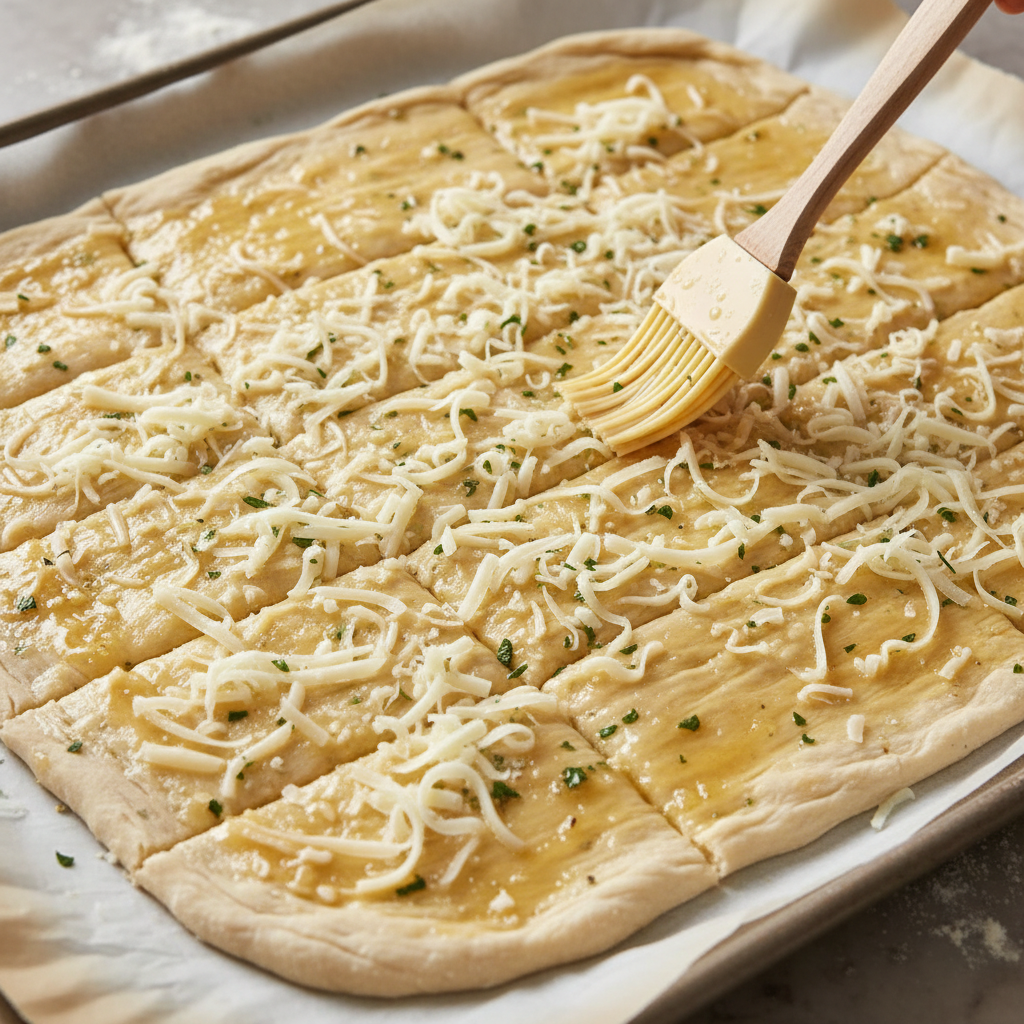 Scored dough topped with cheese and garlic butter before baking.