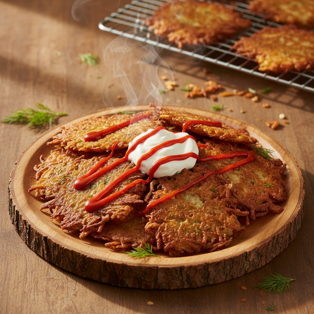 Crispy homemade potato latkes with sour cream and Franks RedHot on a plate.