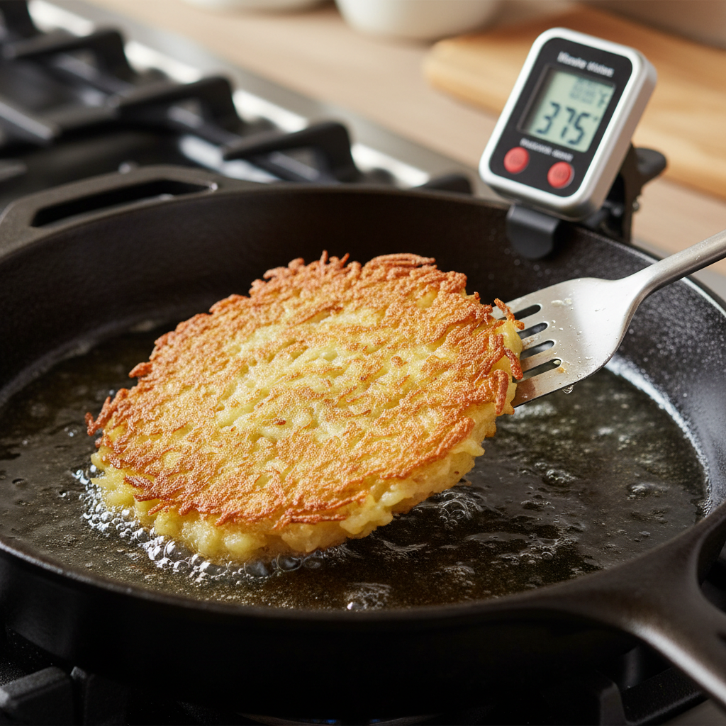 Latke sizzling in hot oil being flipped with a spatula.