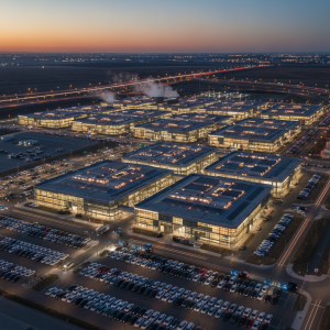 Aerial view of a Tesla Gigafactory at dusk with EVs outside.