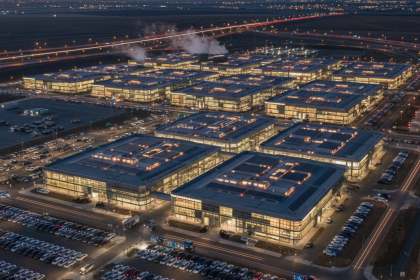 Aerial view of a Tesla Gigafactory at dusk with EVs outside.