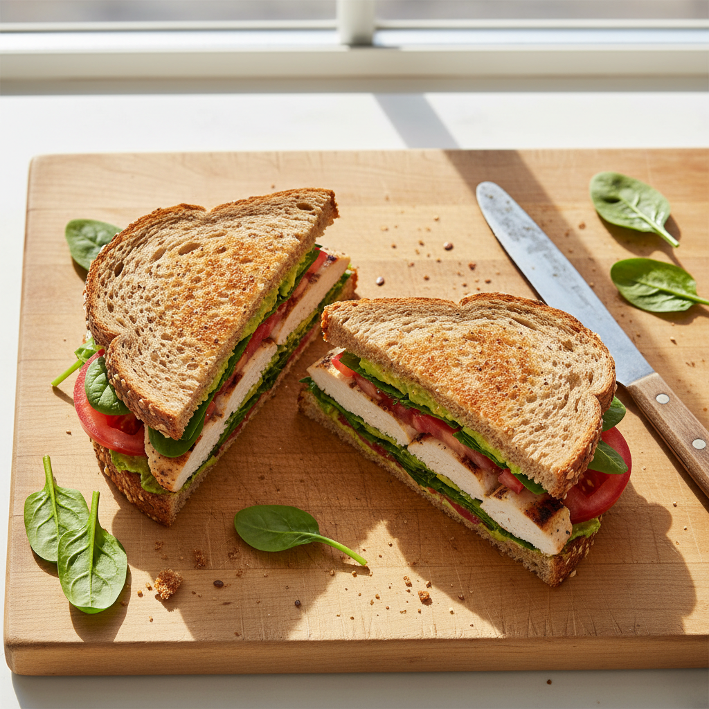 Grilled chicken sandwich on whole grain bread with spinach, tomato, and avocado on a wooden cutting board.