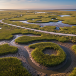 Drone view of a marsh edge dotted with crab burrow openings near a path.