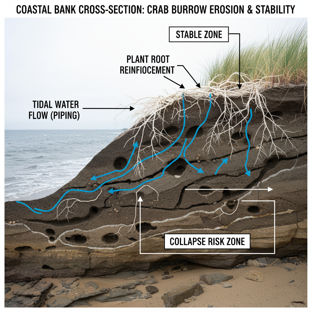 Cross-section diagram of crab burrows showing water flow and weak zones.