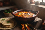 Traditional Jalisco-style birria de chivo simmering in a clay pot with tortillas and consommé.